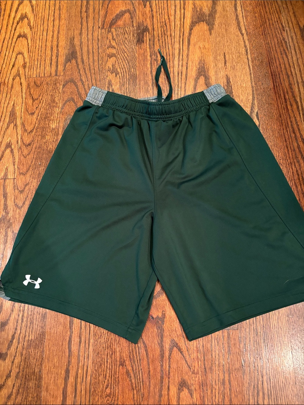 Under Armour Boys Forest Green Athletic Shorts with Gray Waistband